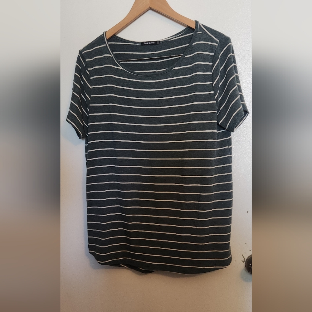 Pink Clover Dark Green and White Striped Tee